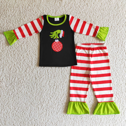 GLP0284 Green Frog Embroidery Red Stripes Print Girls Christmas Pajamas Clothes Set
