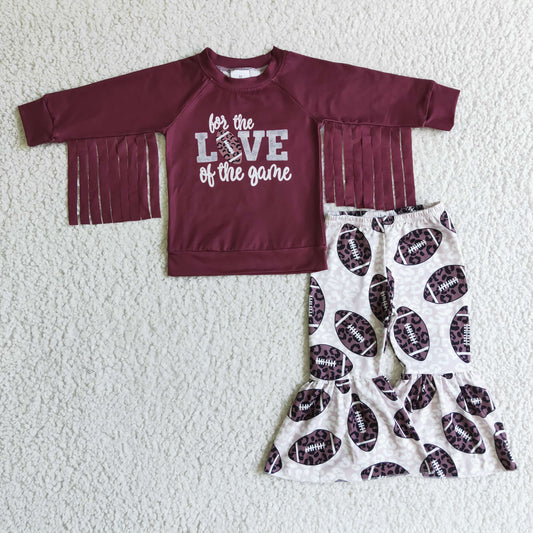GLP0288 Football LOVE Tassel Top Bell Pants Girls Clothes Set