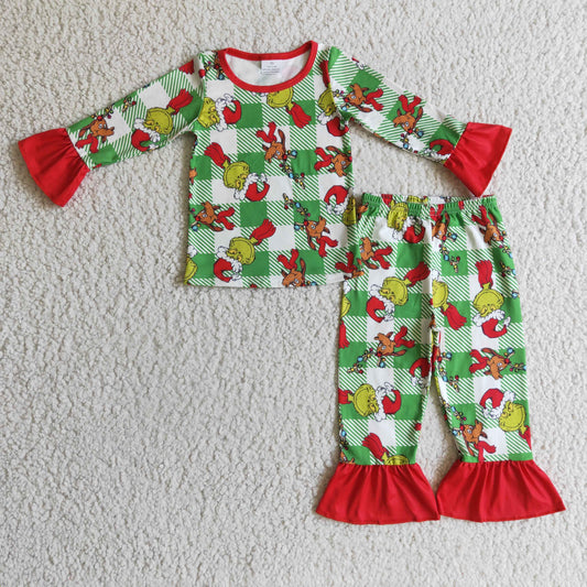 GLP0295 Green Frog Checkered Print Girls Christmas Pajamas Clothes Set