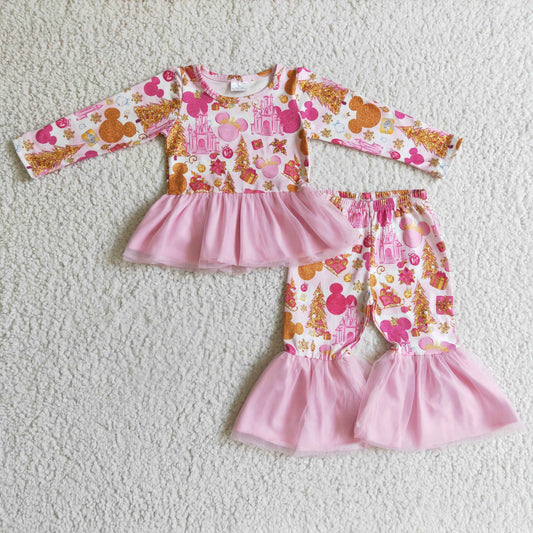 Girls Christmas hot pink mouse print tulle ruffles outifts   GLP0300