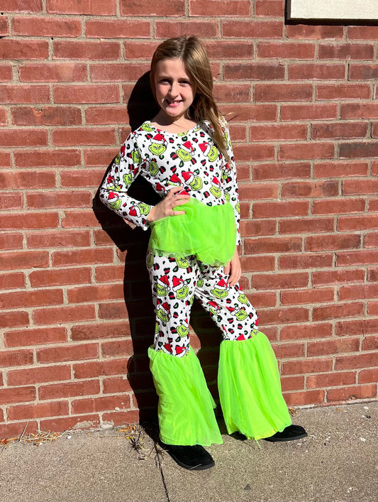GLP0301 Green Frog Leopard Print Bell Pants Girls Christmas Tulle Clothes Set