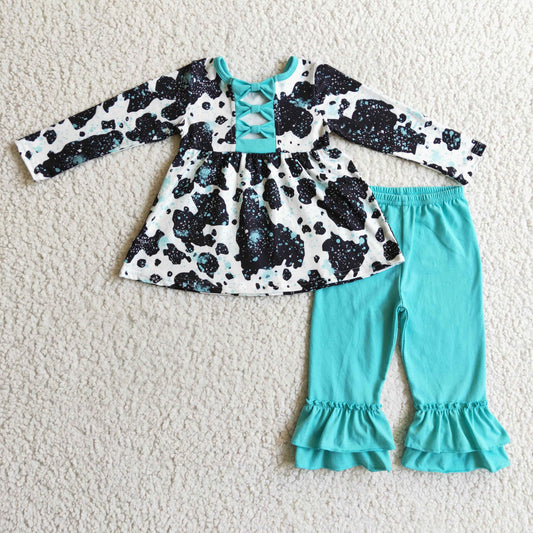 GLP0305 Cowhide Bows Tunic Top Aqua Ruffle Pants Girls Clothes Set