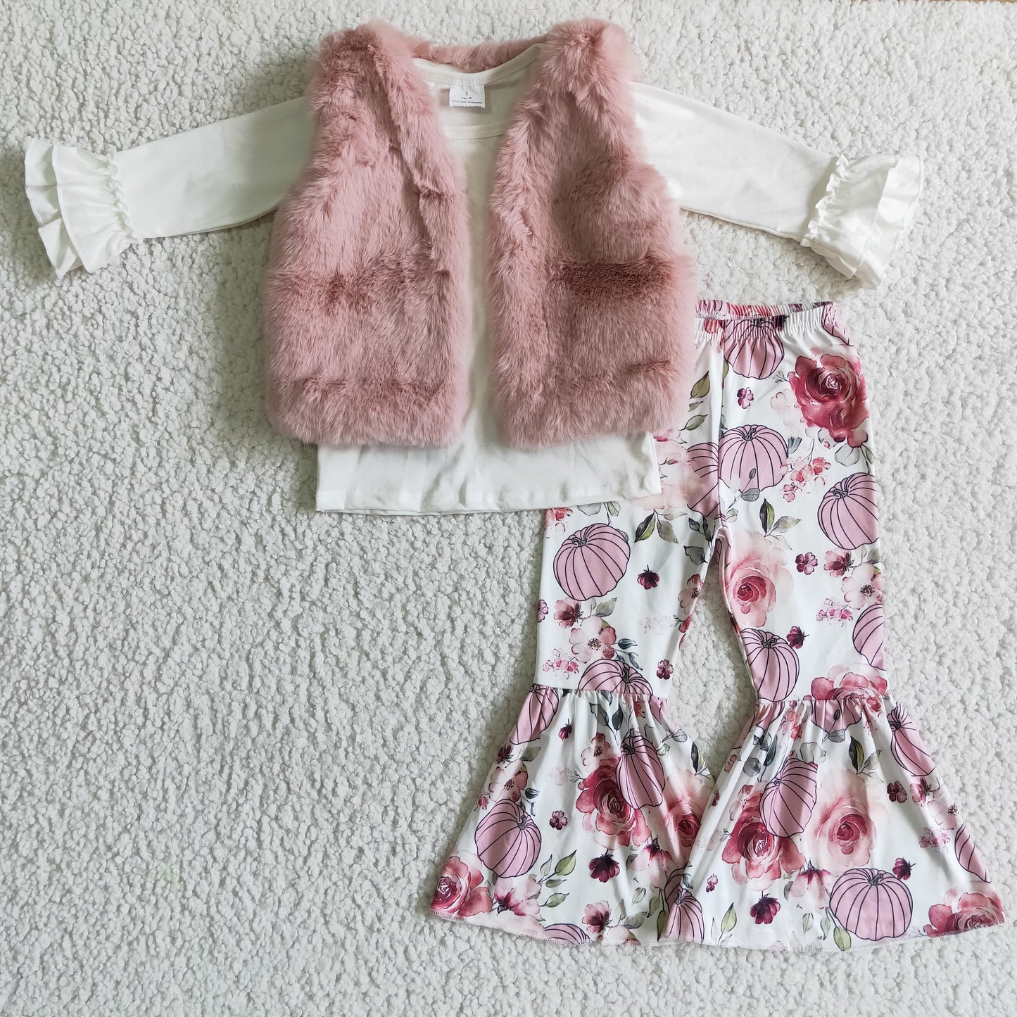 Girls pink faux fur vest and punpkin 3 PCS outfits GLP0309
