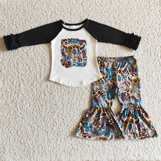 GLP0313 Cow Skull Turquoise Sunflowers Top Bell Pants Girls Clothes Set
