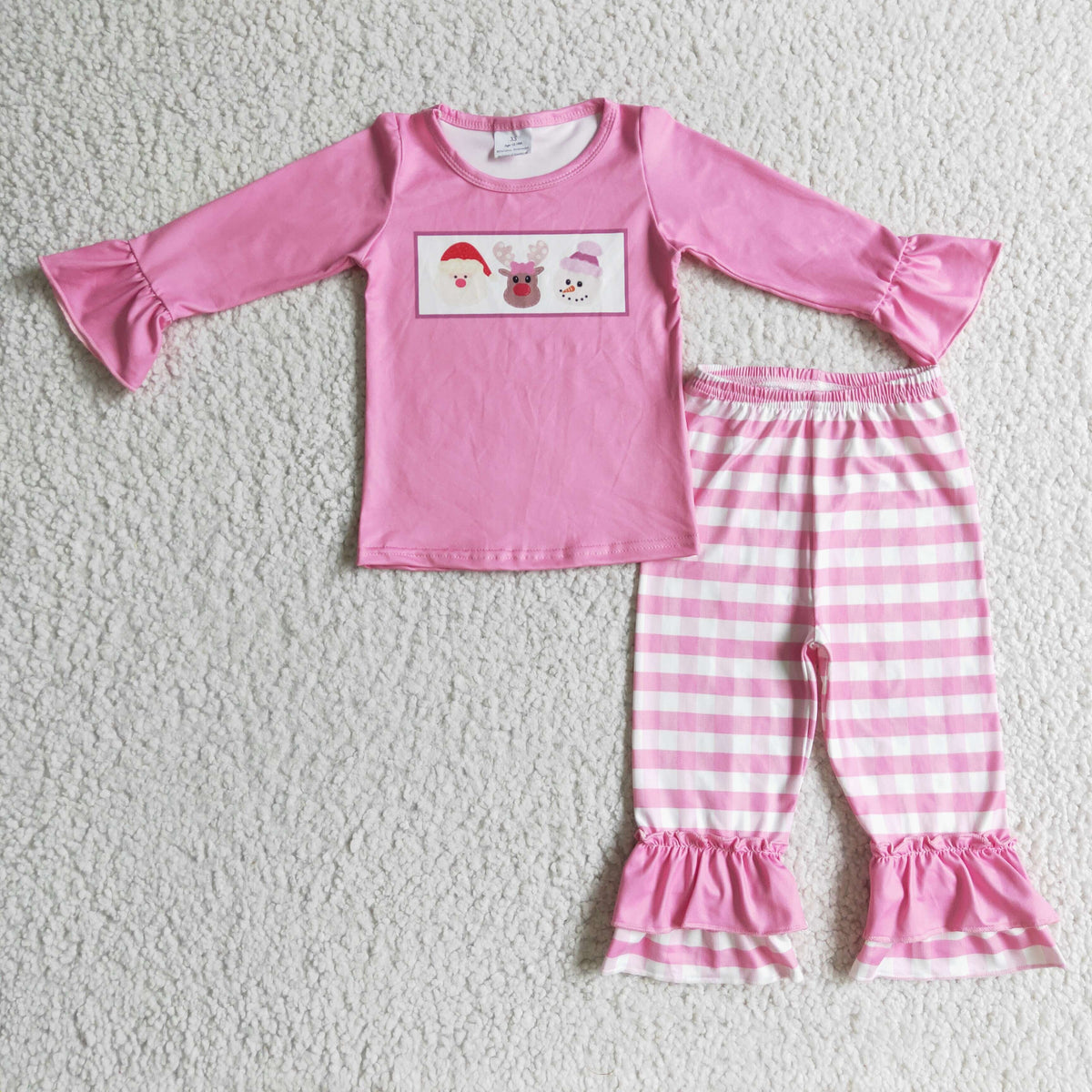 GLP0315 Santa Deer Snowman Pink Top Stripes Pants Girls Christmas Clothes Set