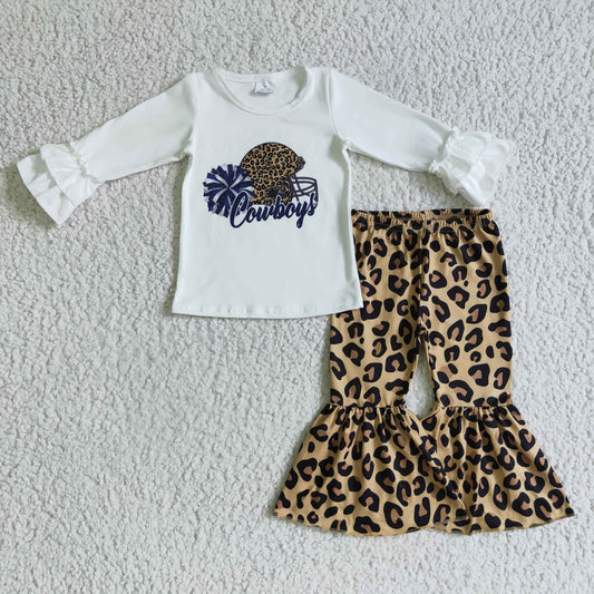 GLP0316 Teams Cowboys Top Leopard Bell Pants Girls Clothes Set