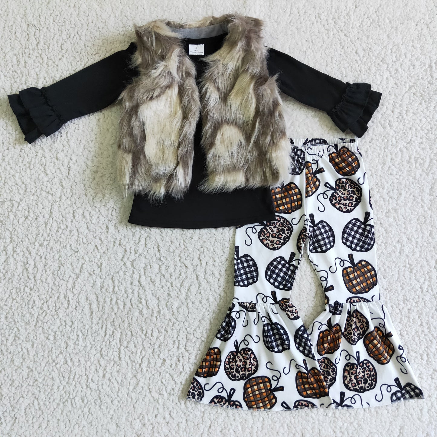 GLP0317 Black Top Fur Vest Pumpkin Bell Pants Girls Fall 3 Pieces Clothes Set