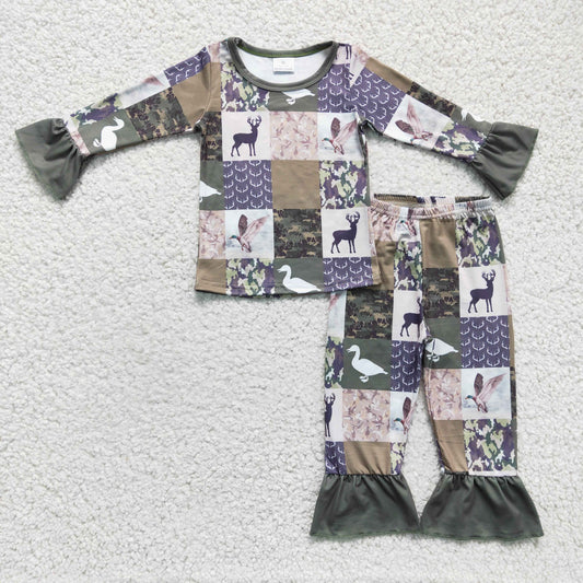 GLP0318 Animals Camo Checkered Print Girls Pajamas Clothes Set