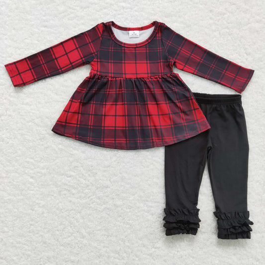 GLP0330 Red Checkered Tunic Top Black Legging Pants Girls Christmas Clothes Set