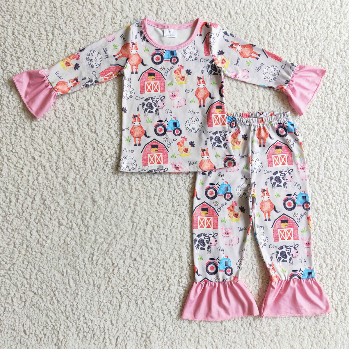 GLP0342 Farm Animals Pink Print Girls Pajamas Clothes Set