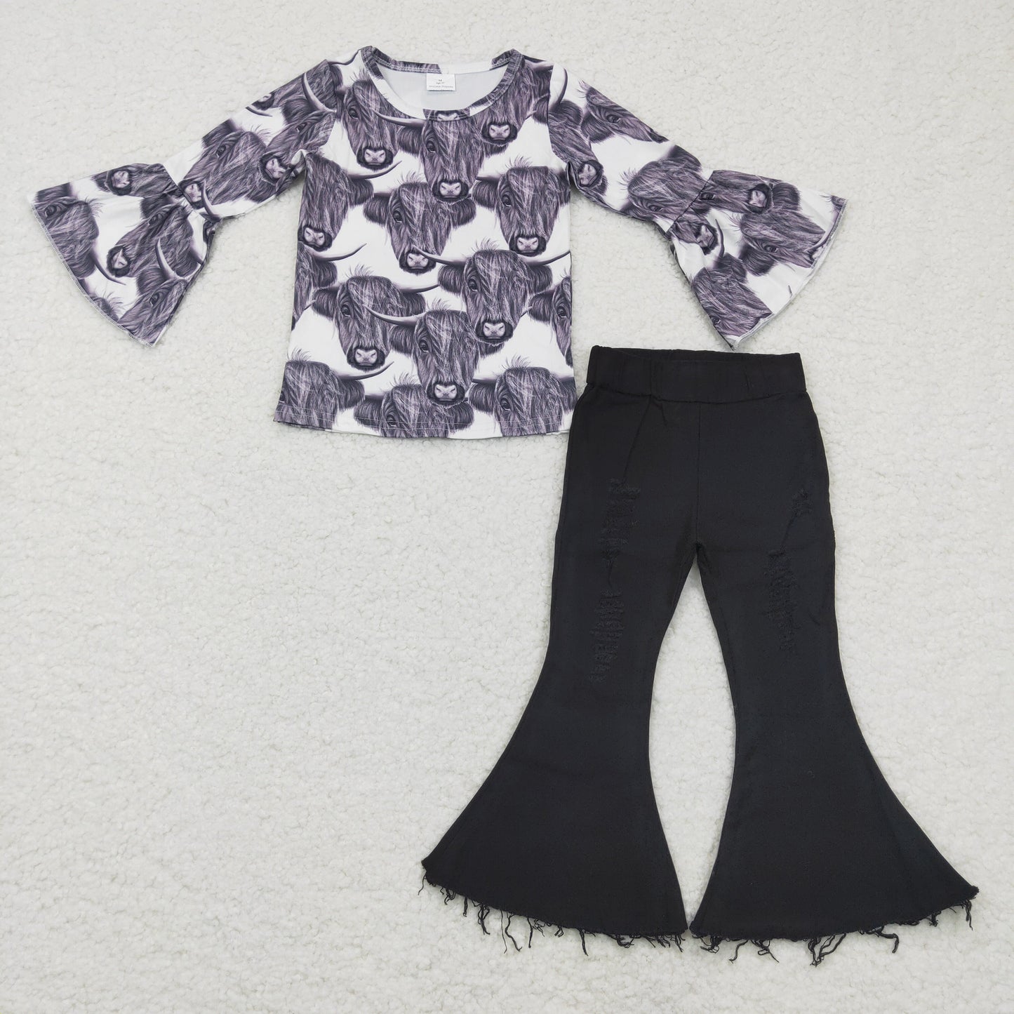 Baby girls Heifer ruffle shirts Black denim pants Clothes sets  GLP0401