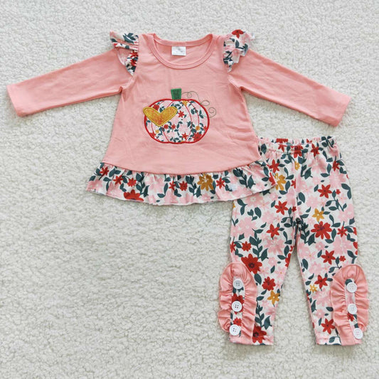 GLP0426 Pumpkin Embroidery Pink Top Flowers Legging Pants Girls Fall Clothes Set