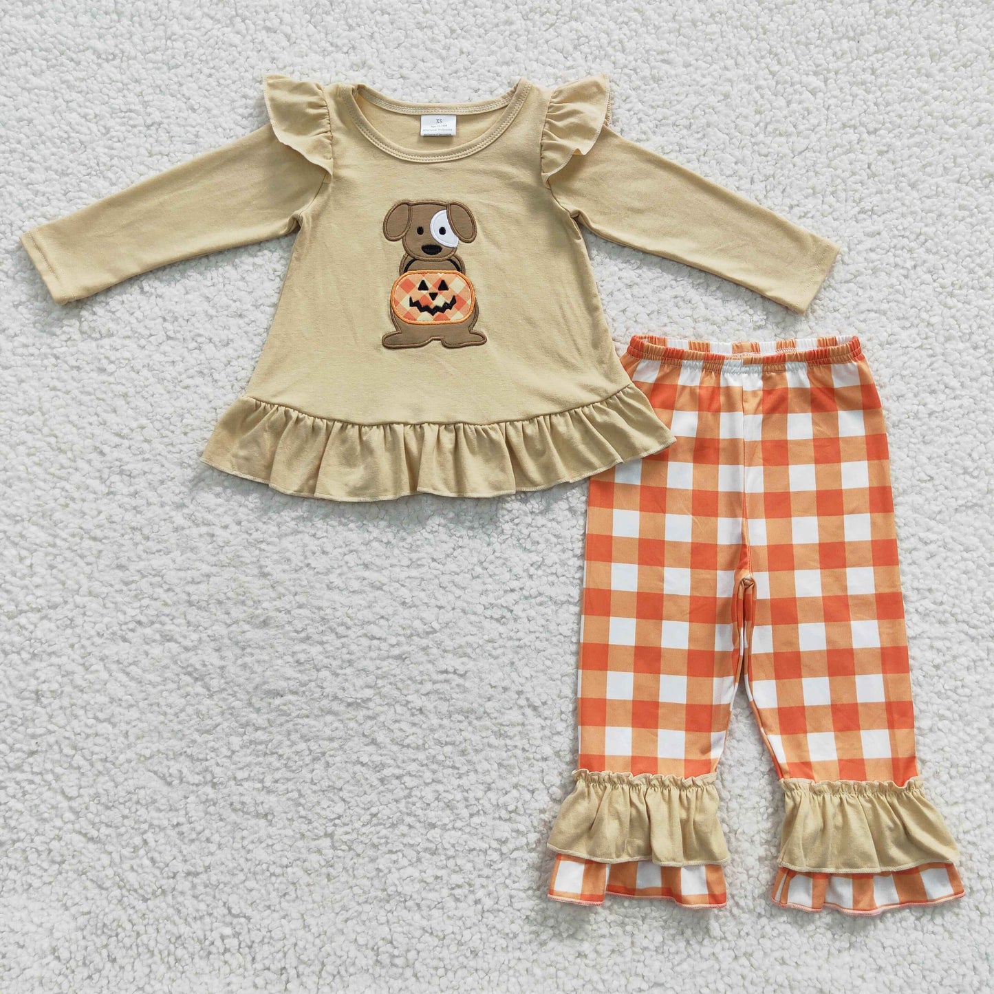 GLP0433 Dog Pumpkin Embroidery Top Orange Checkerd Pants Girls Halloween Clothes Set