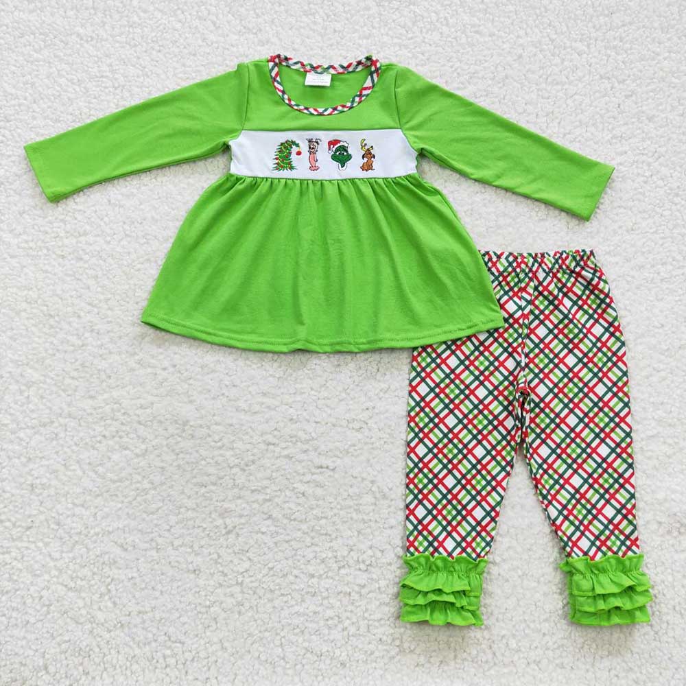 Sibling Baby Boys Girls Embroidery Green Faces Pants Christmas Clothes Sets