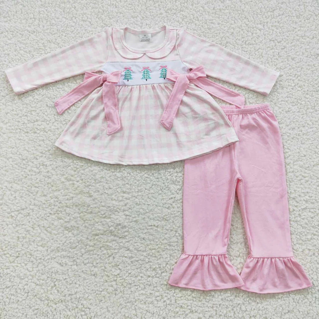 Sibling Baby Kids Embroidery Trees Checked Top Pants Christmas Clothes Sets Rompers