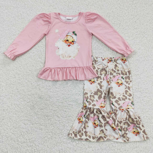 GLP0455 Santa Holly Pink Top Leopard Bell Pants Girls Christmas Clothes Set