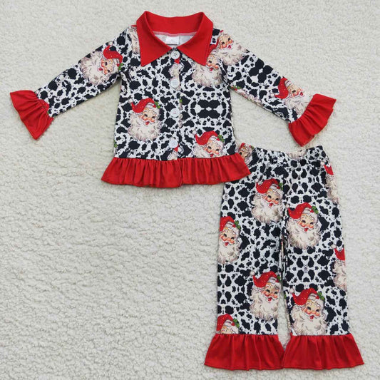 GLP0458 Cowhide Santa Holly Print Girls Christmas Buttons Pajamas Clothes Set
