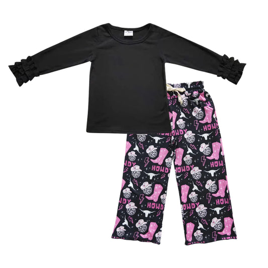 Baby Girls Black Icing Sleeve Tgop with  Howdy  Wide Pants Outfit