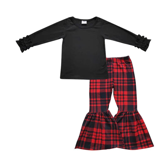 Baby Girls Black Icing Sleeve Tgop with Red Pliad Bell Bottom Pants Outfit
