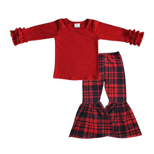 Baby Girls Red Icing Sleeve Tgop with Red Pliad Bell Bottom Pants Outfit