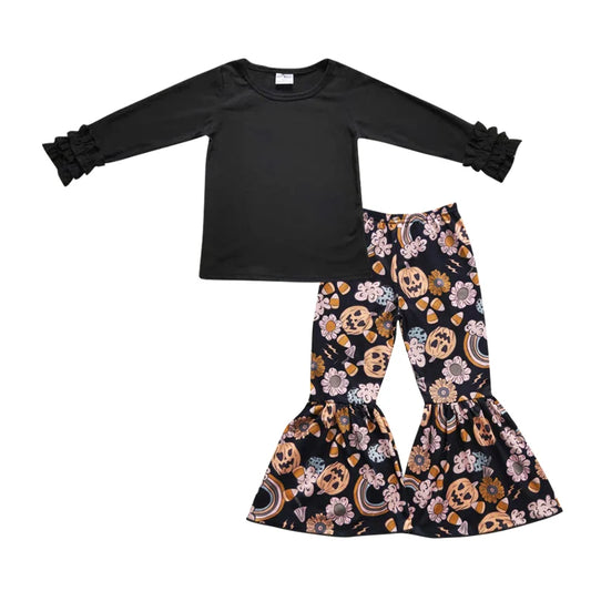 Baby Girls Black Icing Sleeve Tgop with  Halloween Pumpkin Bell Bottom Pants Outfit