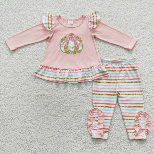 GLP0513 Pumpkin Embroidery Pink Top Stripes Pants Girls Fall Clothes Set