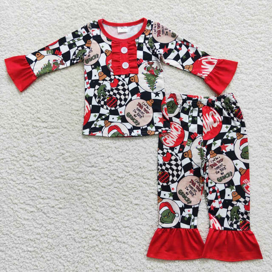 GLP0514 Green Frog Wavy Checkered Print Girls Christmas Pajamas Clothes Set