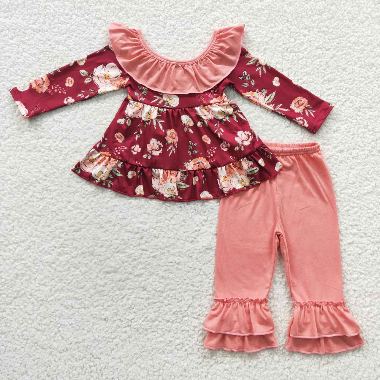 GLP0532 Flowers Tunic Top Pink Ruffle Pants Girls Fall Clothes Set