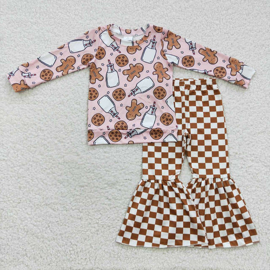 GLP0554 Gingerbread Cookies Milk Top Checkered Bell Pants Girls Christmas Clothes Set