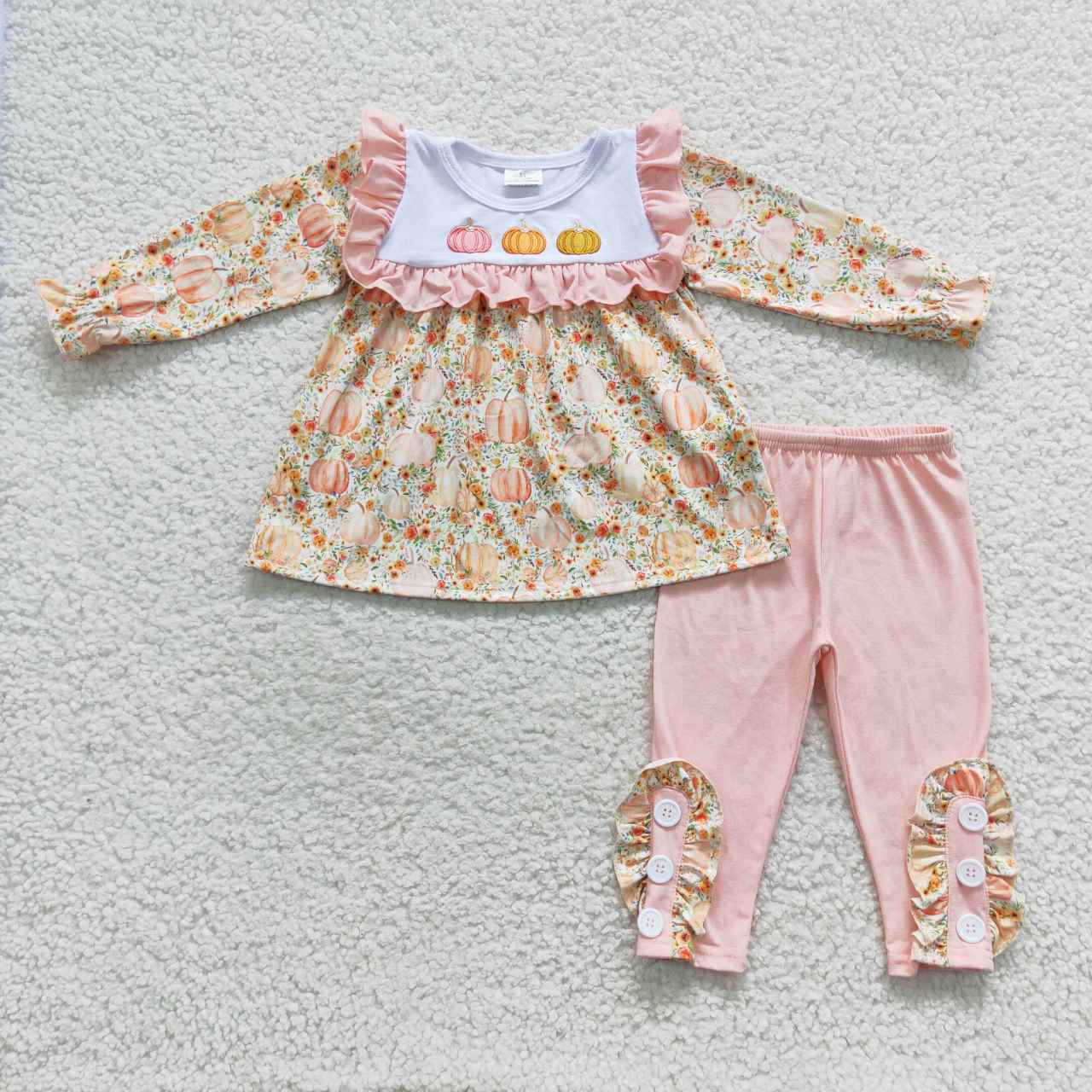 GLP0561 Pumpkin Embroidery Flowers Tunic Top Pink Pants Girls Fall Clothes Set