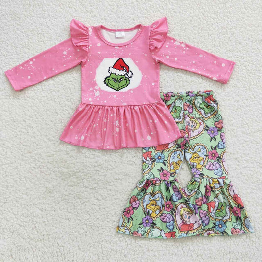 GLP0565 Green Frog Pink Top Flowers Bell Pants Girls Christmas Clothes Set