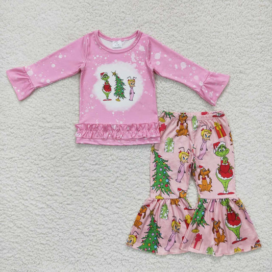 GLP0576 Green Frog Pink Top Bell Pants Girls Christmas Clothes Set