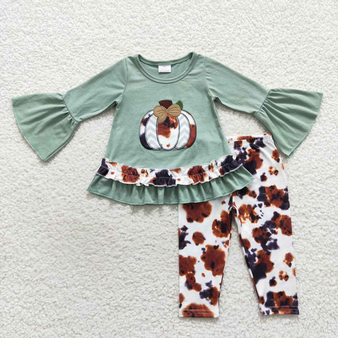 GLP0578 Pumpkin Embroidery Green Top Cowhide Pants Girls Fall Clothes Set