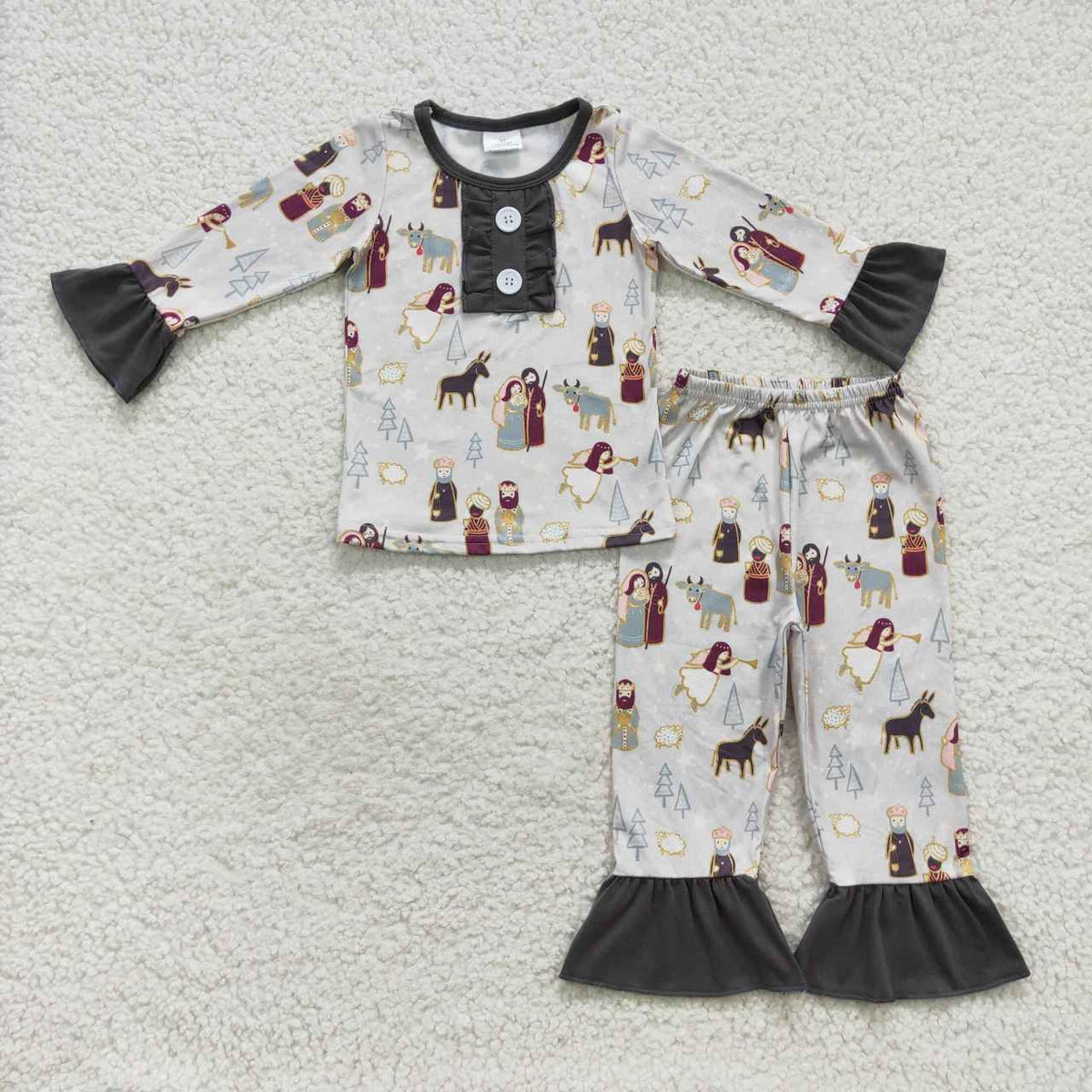 GLP0587 Nativity Stars Print Girls Christmas Pajamas Clothes Set