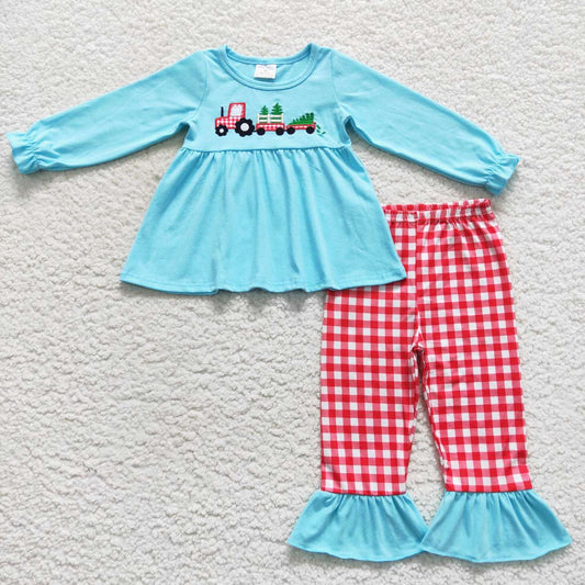 GLP0609 Tractor Tree Embroidery Blue Tunic Top Checkered Pants Girls Christmas Clothes Set