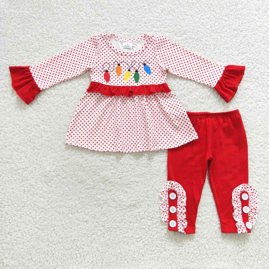 GLP0614 Lights Ruffle Tunic Top Red Pants Girls Christmas Clothes Set