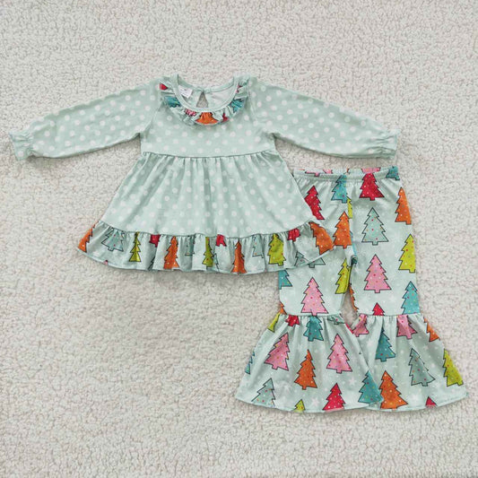 GLP0618 Colorful Tree Ruffle Tunic Top Bell Pants Girls Christmas Clothes Set