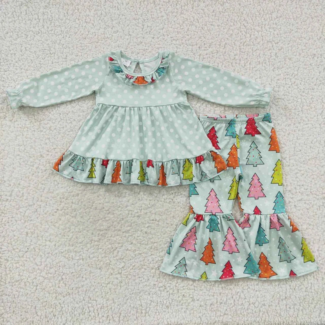 Sibling Baby Girls Long Ruffle Sleeves Santa Trees Lights Tunic Pants Christmas Clothes Sets