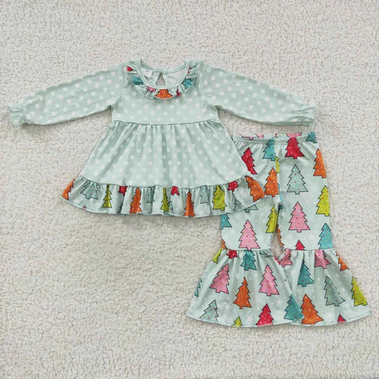 Sibling Baby Girls Long Ruffle Sleeves Santa Trees Lights Tunic Pants Christmas Clothes Sets