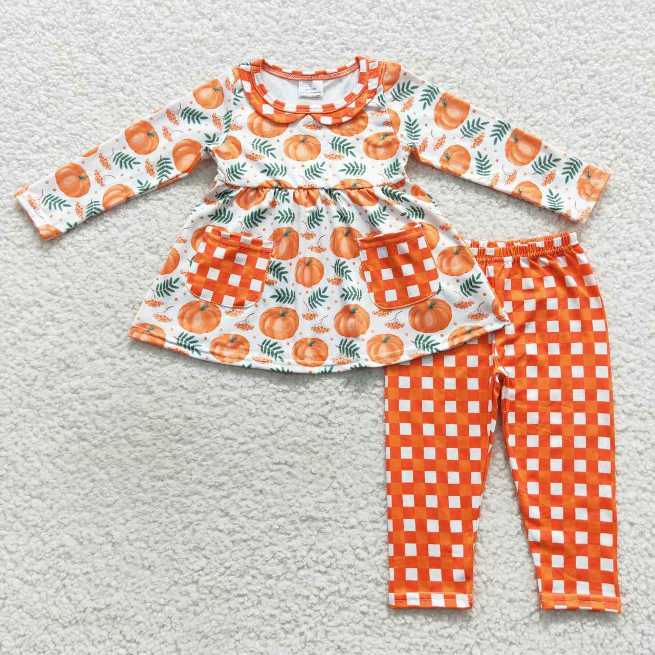 GLP0640 Pumpkin Pockets Tunic Top Checkerd Pants Girls Fall Clothes Set