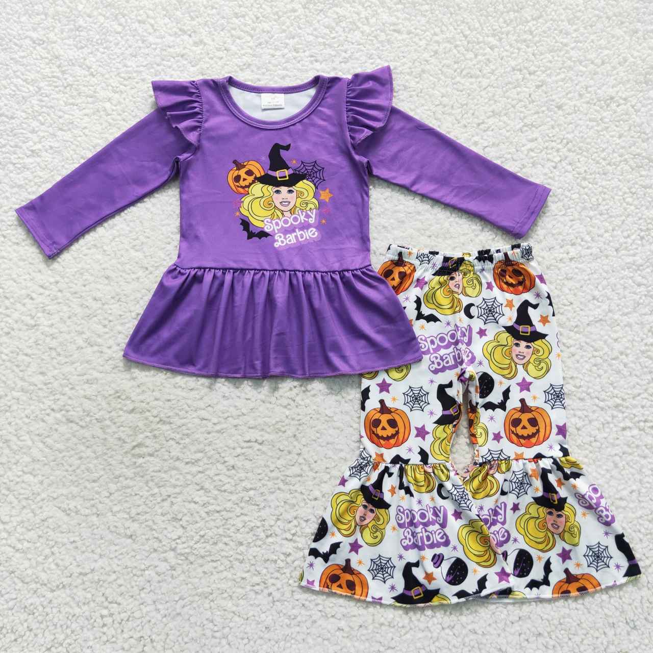 GLP0659 Purple Spooky BA Pumpkin Top Bell Pants Girls Halloween Clothes Set