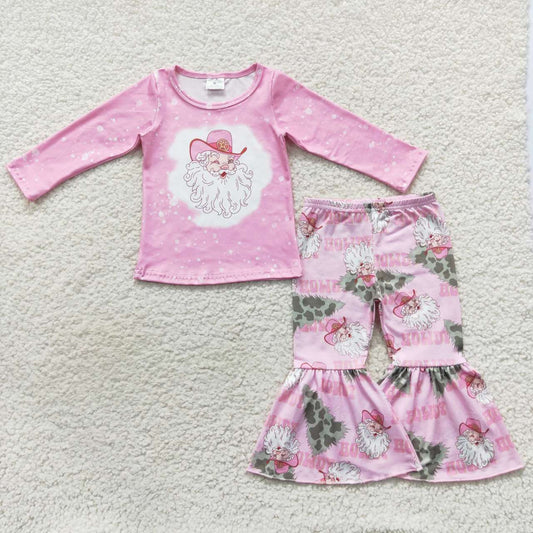 GLP0662 Santa Cowboy Pink Top Howdy Bell Pants Girls Christmas Clothes Set