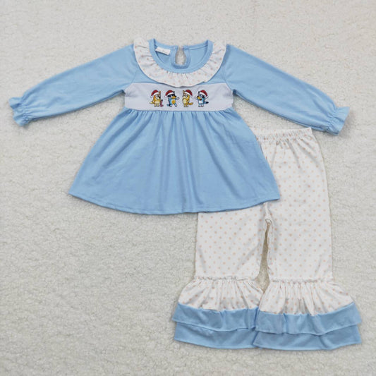 GLP0675 Cartoon Dog Embroidery Blue Tunic Top Dots Ruffle Pants Girls Christmas Clothes Set