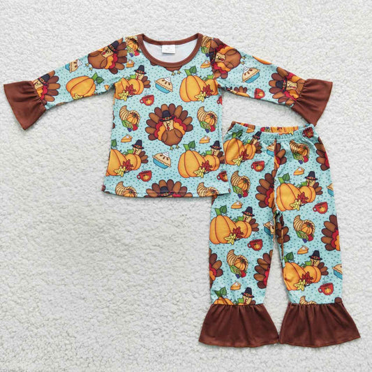 GLP0684 Pumpkin Turkey Pie Print Girls Thanksgiving Pajamas Clothes Set