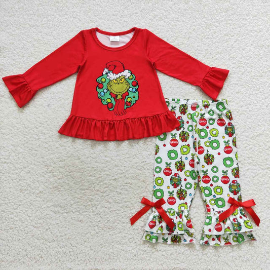 GLP0690 Green Frog Top Ruffle Pants Girls Christmas Clothes Set