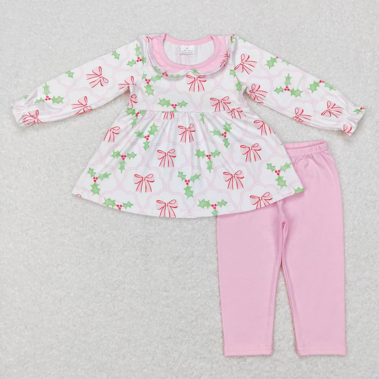 GLP0692 Bows Holly Tunic Top Pink Pants Girls Christmas Clothes Set