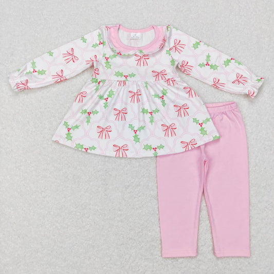 GLP0692 Bows Holly Tunic Top Pink Pants Girls Christmas Clothes Set