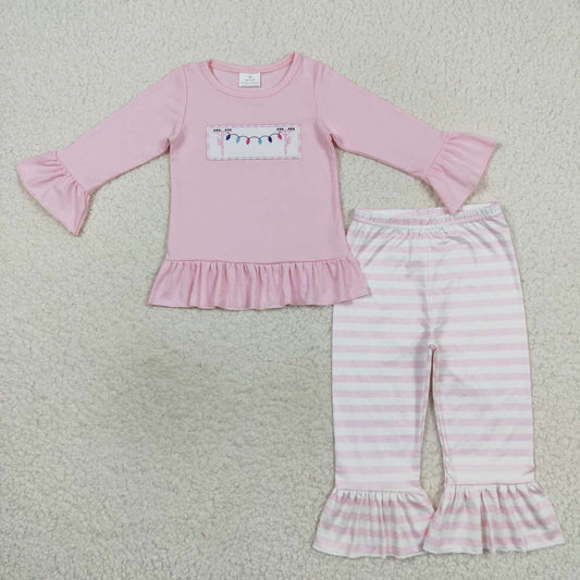 GLP0694 Lights Embroidery Pink Top Stripes Ruffle Pants Girls Christmas Clothes Set