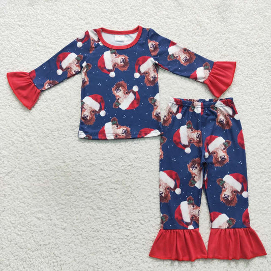 GLP0698 Highland Cow Holly Print Girls Christmas Pajamas Clothes Set