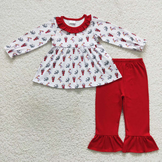 GLP0707 Pelican Crayfish Crocodile Tunic Top Red Pants Girls Christmas Clothes Set